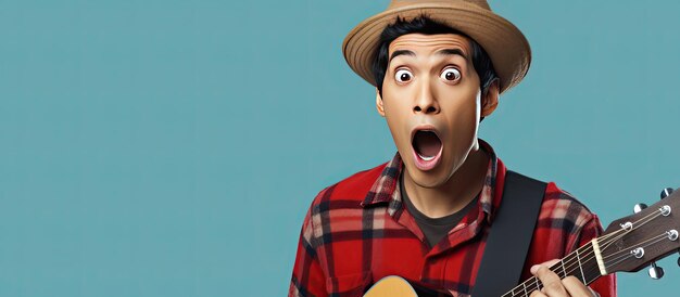 Photo young asian man wearing beanie and flannel shirt pointing upwards at blank space on blue background