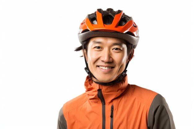 Young asian man wearing bike helmet isolated on white background