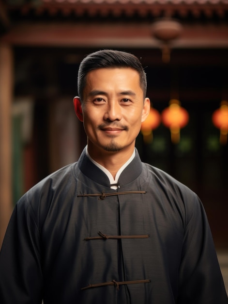 young asian man wearing black traditional dress outdoors