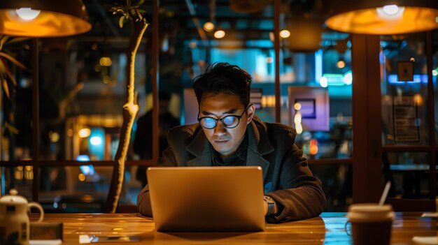 A young Asian man wearing glasses works late on his laptop in a cafe He is wearing a suit and tie and has a serious expression on his face