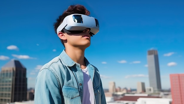 Young asian man wearing virtual reality goggles on the roof with cityscape background