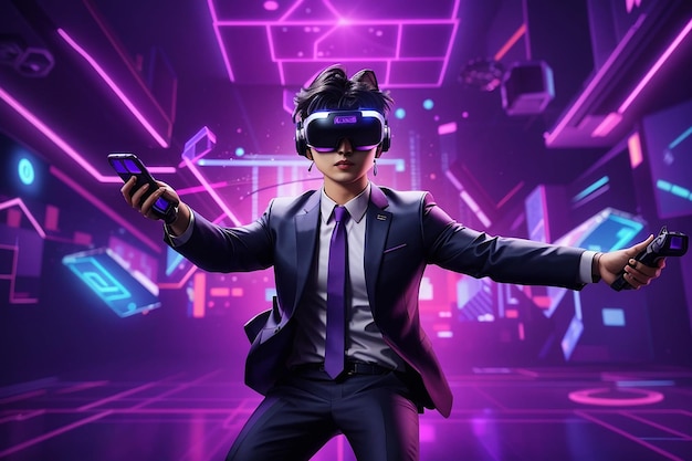 Young asian man wearing vr headset enjoy playing video game and levitating in the air on futuristic purple cyberpunk neon light banner background metaverse technology concept