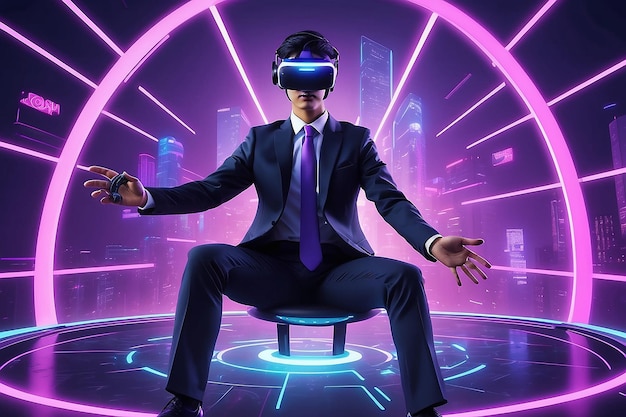 VR 헤드 ⁇ 을 착용한 아시아 젊은 남자가 비디오 게임을 즐기고 미래의 보라색 사이버  ⁇ 크 네온 빛 배너 배경에서 공중에 떠다니고 있습니다. 메타버스 기술 개념
