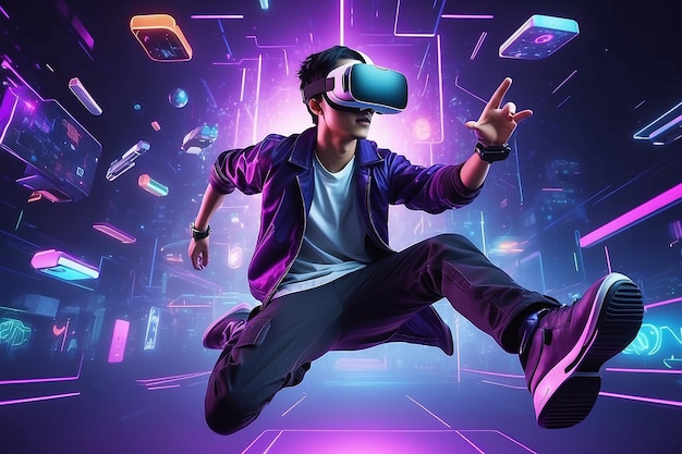VR 헤드 ⁇ 을 착용한 아시아 젊은 남자가 비디오 게임을 즐기고 미래의 보라색 사이버  ⁇ 크 네온 빛 배너 배경에서 공중에 떠다니고 있습니다. 메타버스 기술 개념