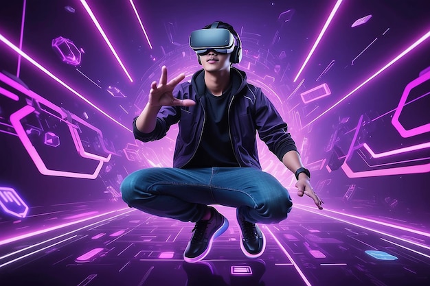 Young Asian man wearing VR headset enjoy playing video game and levitating in the air on futuristic purple cyberpunk neon light banner background Metaverse technology concept