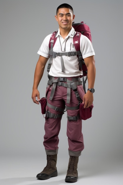 A young Asian man wearing a white shirt maroon pants and a backpack is standing in front of a grey background