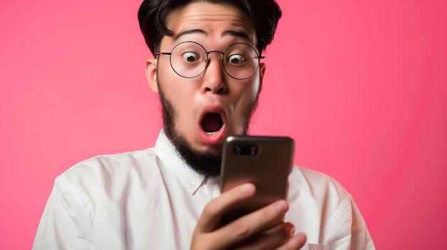 Young asian man with beard in white shirt and glasses looking surprised at cellphone screen