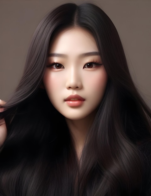 Young Asian Model Long Hair Korean Makeup and Perfect Skin