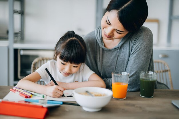 Young Asian mother served healthy breakfast on the table Homeschooling her daughter and assists her with school work from home