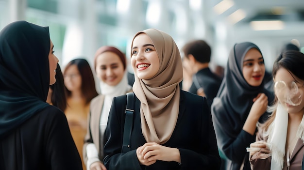 写真 オフィスに立ってカメラに笑顔を浮かべているアジア系イスラム教徒の女性ビジネスマン