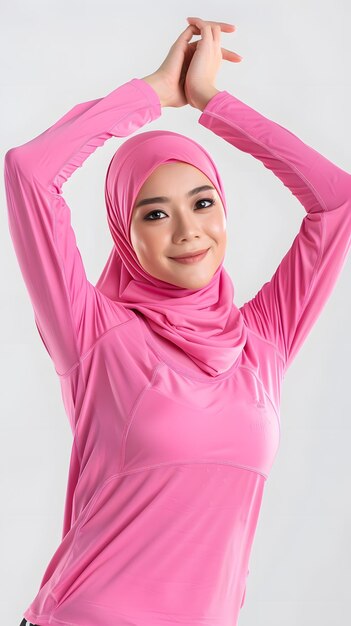 A Young asian muslim woman wearing pink hijab and sports wear in warming up pose isolated on white b