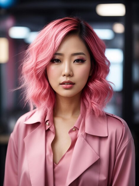 Young Asian Office Professional with Vibrant Pink Hair and Korean Makeup Style Poses Against Studio