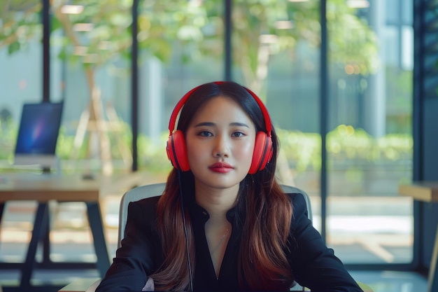 アジアの若いオフィスワーカーが机で音楽でリラックスする