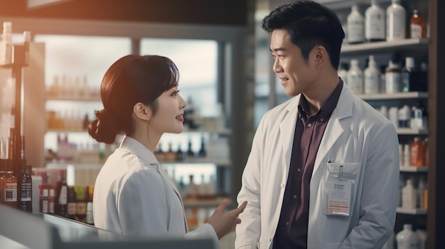 Young Asian pharmacist talking with customer Ai Generative