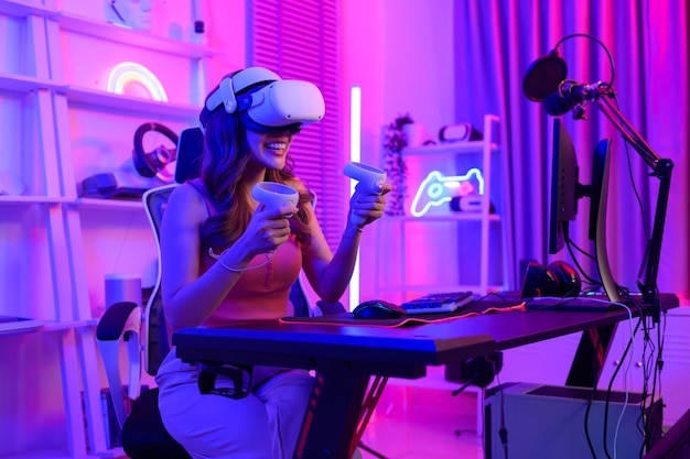 Photo young asian pretty woman pro gamer have live streaming playing video game using virtual reality