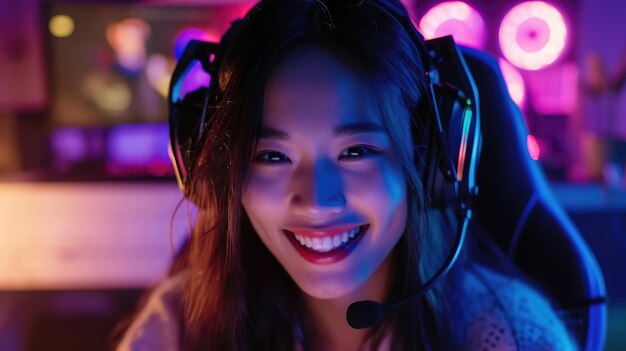 젊은 아시아 예쁜 여자 프로 게이머가 라이브 스트리밍으로 노래하고 집에서 팬들과 채팅하고 있습니다.