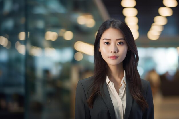 Молодая профессиональная азиатская бизнес-женщина стоит и улыбается на размытом офисном фоне