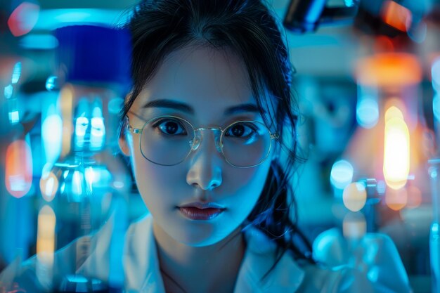 Young Asian Scientist In Lab Coat observing research vials in a futuristic science laboratory with