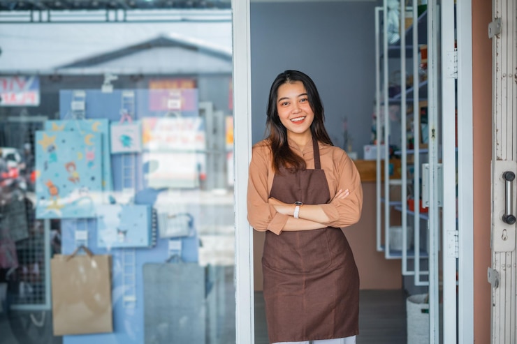 Photo young asian shopkeeper girl with arms crossed smiling happy standing at the gift shop