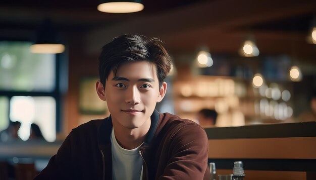 Young Asian student sitting in library Chinese New Year concept