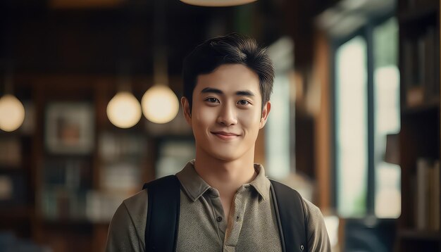 Young Asian student sitting in library Chinese New Year concept