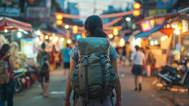 Young Asian traveling backpacker in Khaosan Road outdoor market in Bangkok Thailand