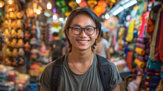 Photo young asian traveling backpacker in khaosan road outdoor market