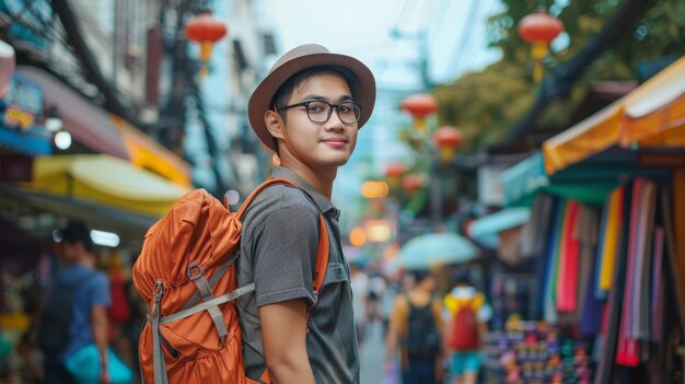 Photo young asian traveling backpacker in khaosan road outdoor market