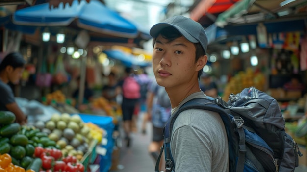 Young Asian traveling backpacker at outdoor market in Bangkok Thailand