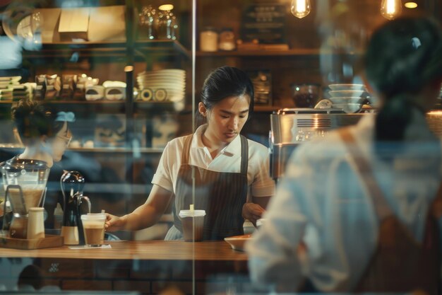 young asian waiter serving female customers in coffee shop shot through window glass