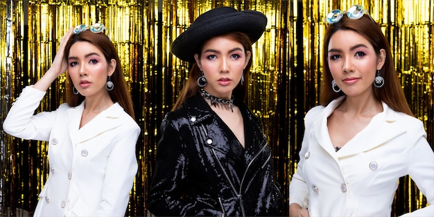 Young Asian Woman beautiful high fashion wear black white Blazzer suit dress in Party Anniversary New Year time. Studio Lighting Golden Foil curtain Background copy space, collage group pack concept