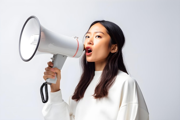 A young asian woman by a megaphone isolated on white