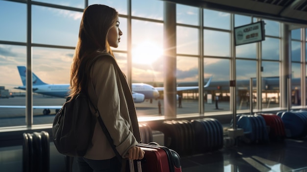 공항 의 창문 을 통해 바라보는 가방 을 들고 있는 젊은 아시아인 여자