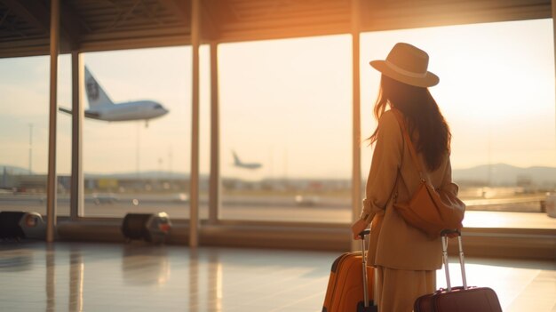 공항 의 창문 을 통해 바라보는 가방 을 들고 있는 젊은 아시아인 여자