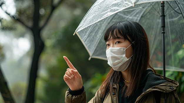 사진 은 가을 날에 바이러스를 잡은 젊은 아시아 여성은 감염을 확산시키지 않기 위해 의료 마스크를 착용합니다.