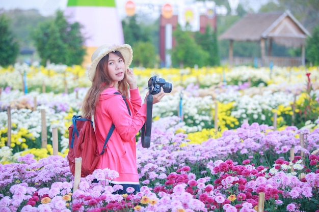 Young Asian woman in the chrysanthemum garden.