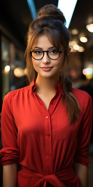 Young Asian woman company worker in glasses smiling over office blurred background