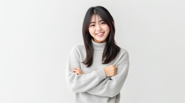 Young asian woman cross arms isolated background and smiling