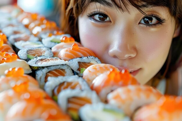 Foto una giovane donna asiatica si gode un colorato assortimento di sushi fresco in un ristorante giapponese locale