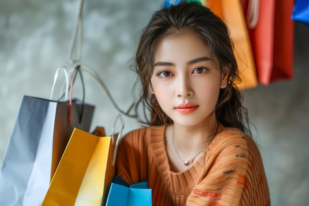 Young Asian Woman Enjoying Retail Therapy with Colorful Shopping Bags