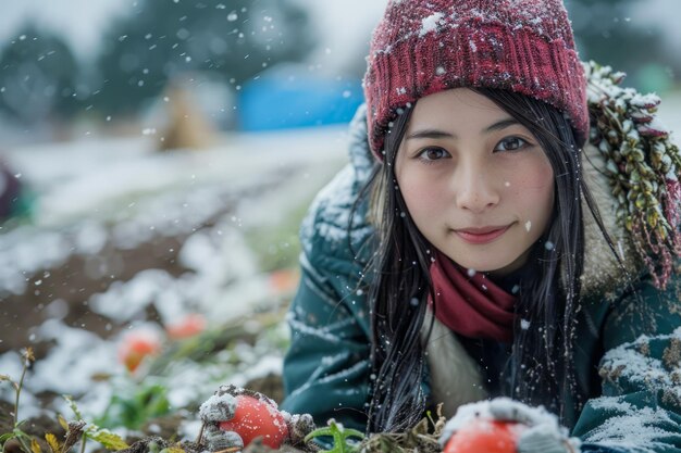 Young Asian Woman Enjoying a Snowy Winter Day Outdoors in a Red Beanie and Green Jacket Lying in a