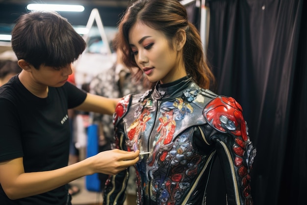젊은 아시아 여성 패션 디자이너가 그녀의 클라이언트와 함께 스튜디오에서 일합니다. 태국 국제 모터사이클 살롱 (Thailand International Motorcycle Salon) 에 참석하기 전에 무대 뒤에서 준비하는 모델.
