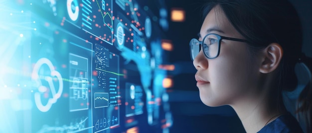 Young Asian woman focused on analyzing data across multiple screens in a dark hightech environment