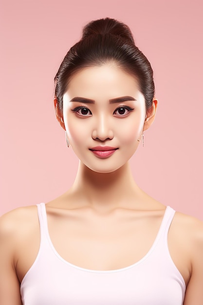 молодая азиатка собрала хвостик с натуральным макияжем на лице, имеет пухлые губы, чистую свежую кожу