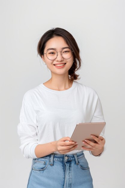 Photo young asian woman in glasses smiling and holding digital tablet on white background