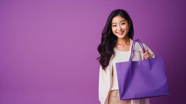 Young asian woman holding shopping bag on purple background
