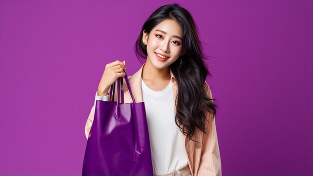 Young asian woman holding shopping bag on purple background