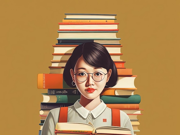 a young asian woman holding a stack of books