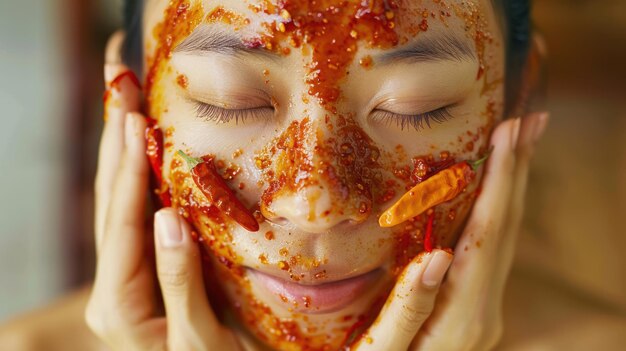 Photo a young asian woman is having a spa applying chili sauce on her face and putting lots of dried chili peppers on her face