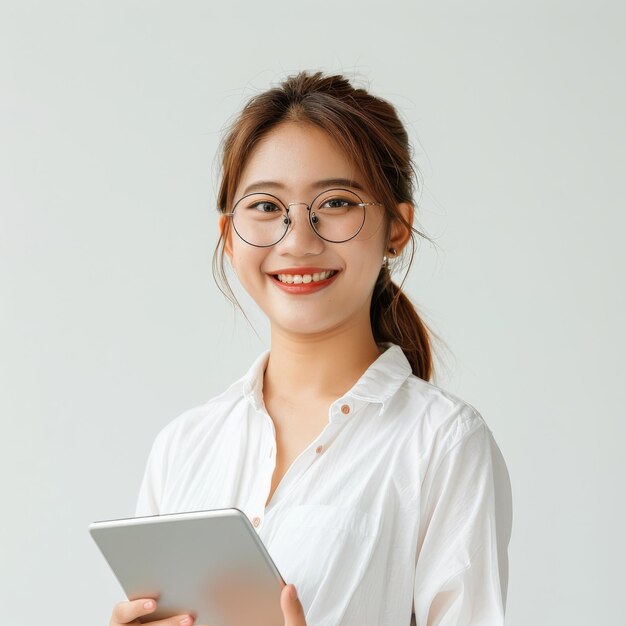 Photo young asian woman isolated company worker in glasses smiling and holding digital tablet